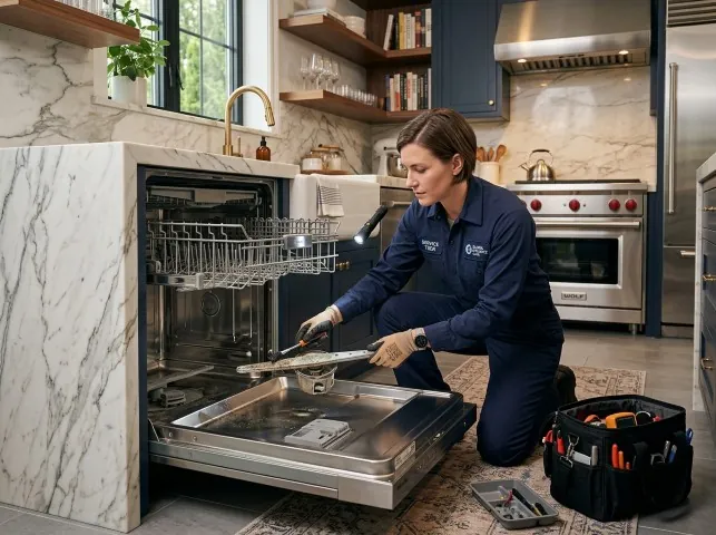 Appliance Repair Hero technician servicing a built-in dishwasher in a Biddeford Pool, ME kitchen
