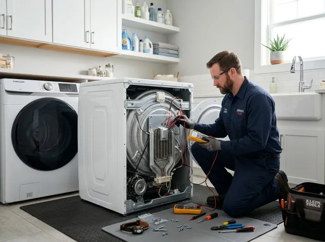 Appliance Repair Hero technician checking a dryer heating element with the rear panel off in Biddeford Pool, ME