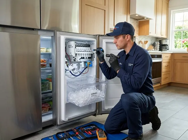 Appliance Repair Hero technician repairing a refrigerator ice maker in Biddeford Pool, ME