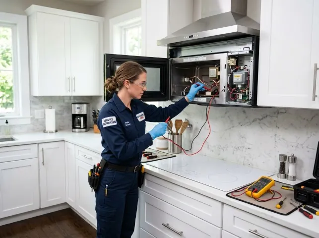 Appliance Repair Hero technician testing an over-the-range microwave in a Biddeford Pool, ME kitchen