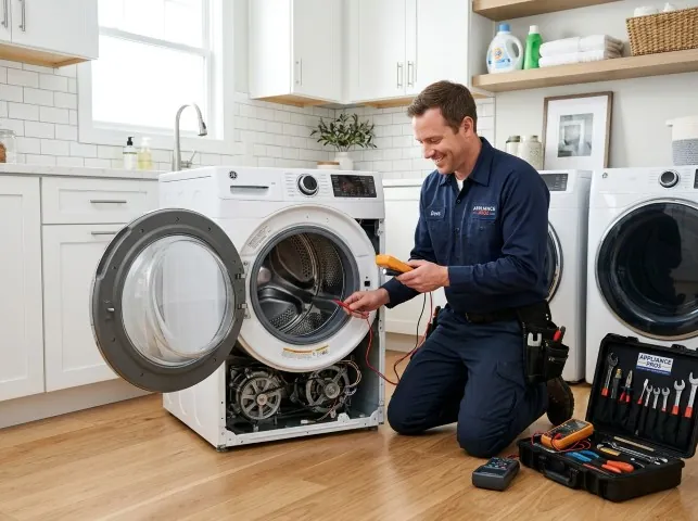 Appliance Repair Hero technician testing a front-load washer with a multimeter on a Biddeford Pool, ME service call